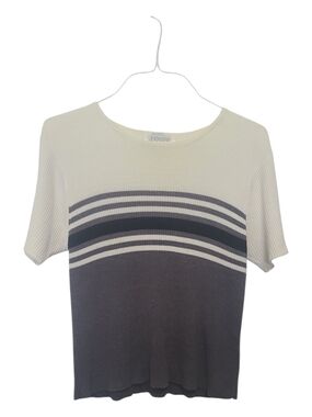 Striped Short-Sleeve Knit Top - Cream & Charcoal